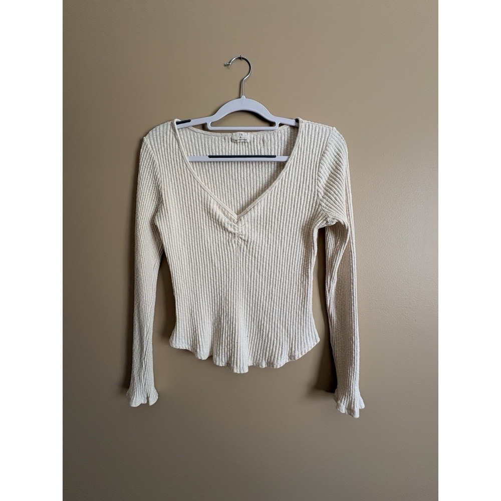 Anthropologie T.la Cinched V-Neck Ribbed Top Small Ivory